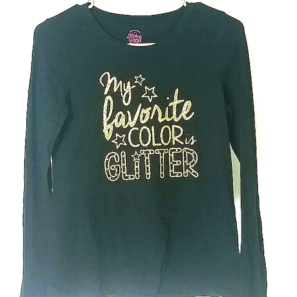 Girls Black Glitter Graphic Tee Long Sleeve Gold Star Print XL 14/16